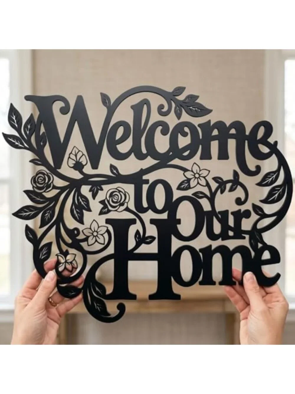 Floral Welcome Sign Metal Wall Art - Charming Home Decor, 14.8''x12''